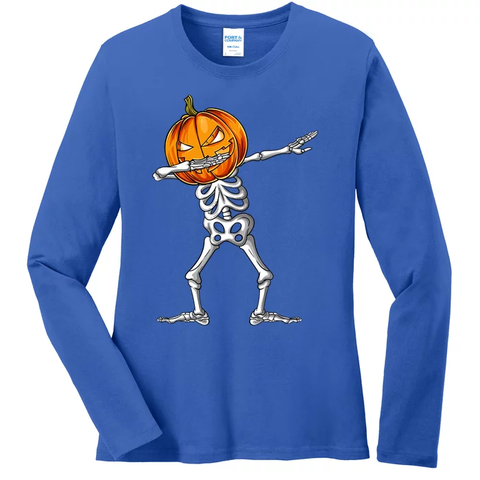 Dabbing Skeleton Pumpkin Halloween Costume Dab Gift Ladies Long Sleeve Shirt