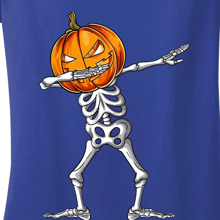 Dabbing Skeleton Pumpkin Halloween Costume Dab Gift Women's V-Neck T-Shirt