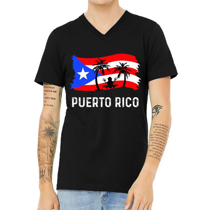 Distressed Style Puerto Rico Frog Puerto V-Neck T-Shirt