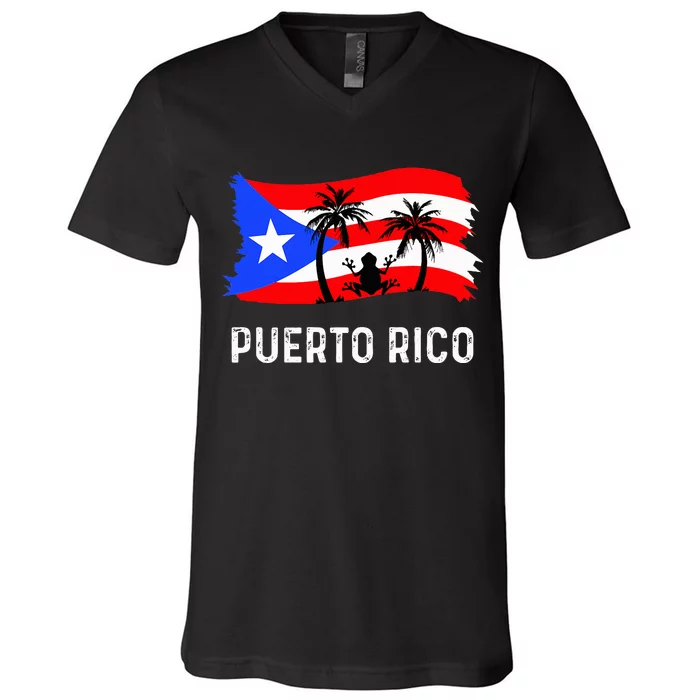 Distressed Style Puerto Rico Frog Puerto V-Neck T-Shirt