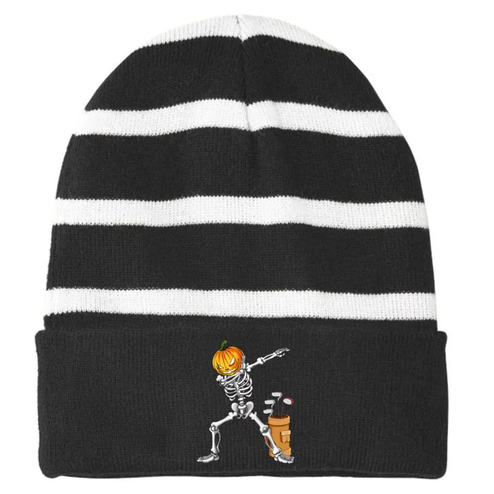 Dabbing Skeleton Pumpkin Golf Halloween Costume Gift Kids Striped Beanie with Solid Band