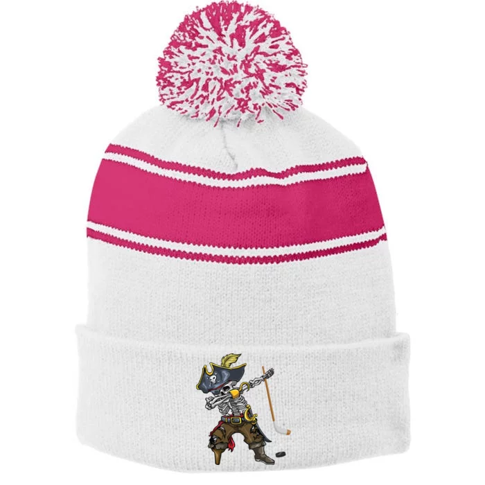 Dabbing Skeleton Pirate Hockey Lover Halloween Costume Stripe Pom Pom Beanie