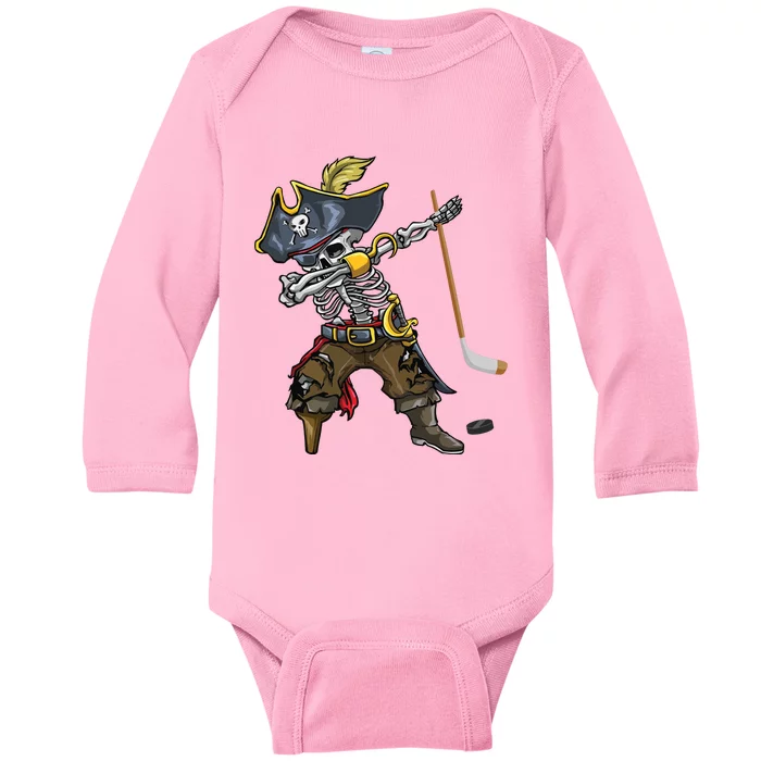 Dabbing Skeleton Pirate Hockey Lover Halloween Costume Baby Long Sleeve Bodysuit