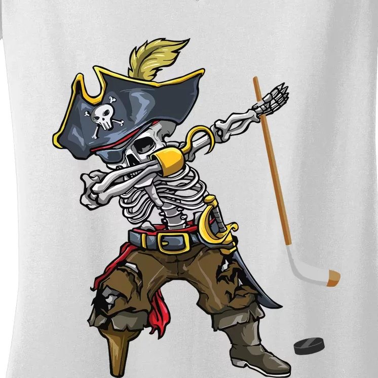 Dabbing Skeleton Pirate Hockey Lover Halloween Costume Women's V-Neck T-Shirt