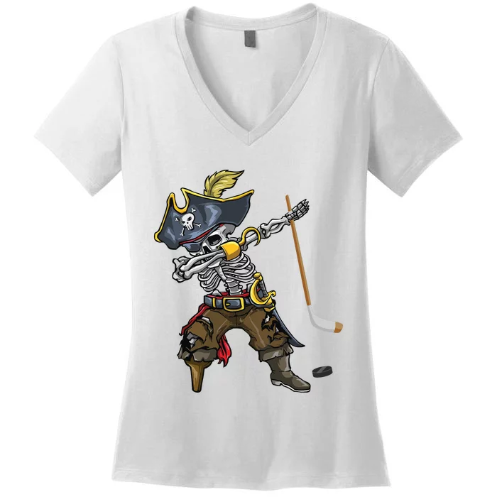 Dabbing Skeleton Pirate Hockey Lover Halloween Costume Women's V-Neck T-Shirt