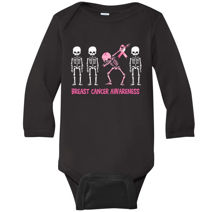 Dabbing Skeleton Pink Ribbon Breast Cancer Halloween Baby Long Sleeve Bodysuit