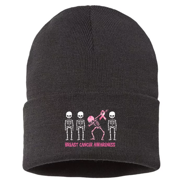 Dabbing Skeleton Pink Ribbon Breast Cancer Halloween Sustainable Knit Beanie