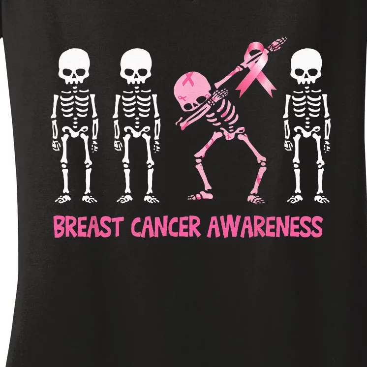 Dabbing Skeleton Pink Ribbon Breast Cancer Halloween Women's V-Neck T-Shirt