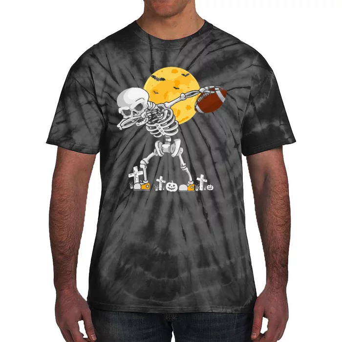 Dabbing Skeleton Playing Football Halloween Player Coach Tie-Dye T-Shirt