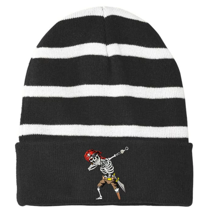 Dabbing Skeleton Pirate Halloween Kids Jolly Roger Pirate Striped Beanie with Solid Band