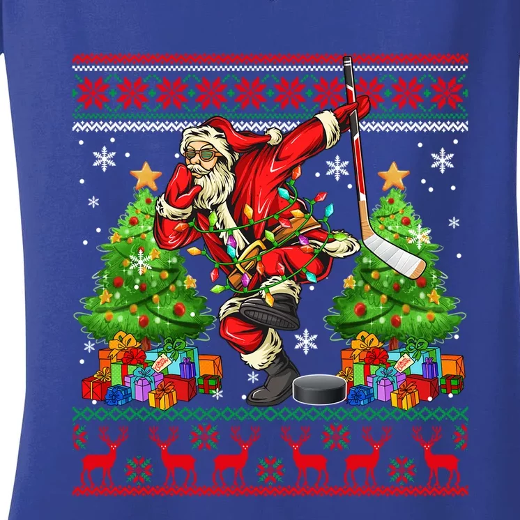 Dabbing Santa Playing Hockey Player Xmas Trees Reindeer Gift Women's V-Neck T-Shirt