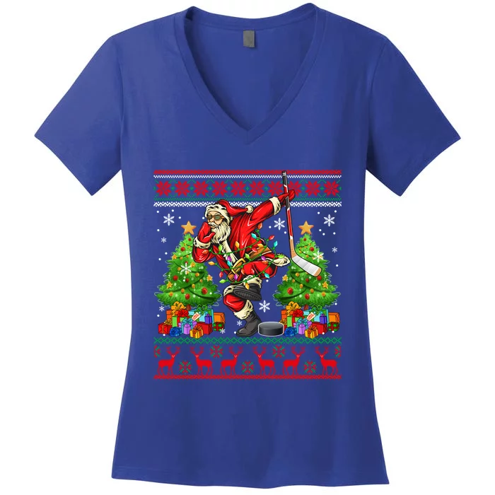 Dabbing Santa Playing Hockey Player Xmas Trees Reindeer Gift Women's V-Neck T-Shirt