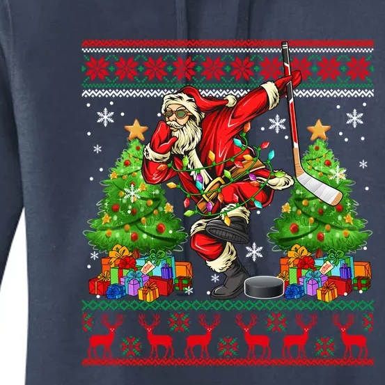 Dabbing Santa Playing Hockey Player Xmas Trees Reindeer Gift Women's Pullover Hoodie