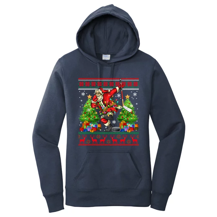 Dabbing Santa Playing Hockey Player Xmas Trees Reindeer Gift Women's Pullover Hoodie