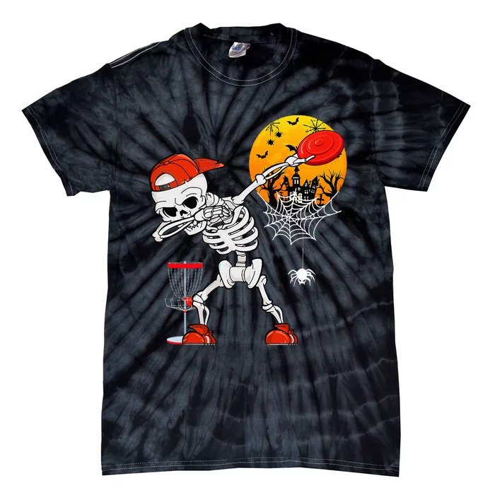 Dabbing Skeleton Playing Disc Golf Halloween Player Coach Tie-Dye T-Shirt