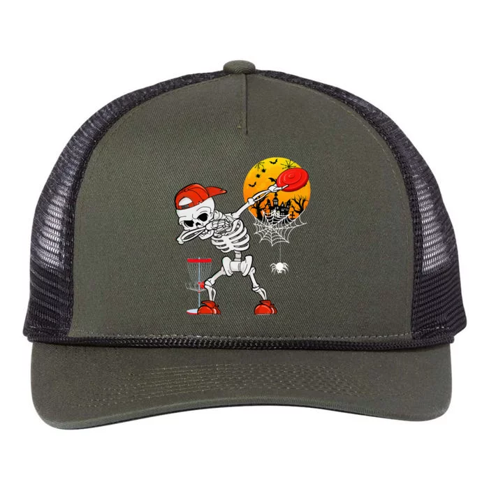 Dabbing Skeleton Playing Disc Golf Halloween Player Coach Retro Rope Trucker Hat Cap