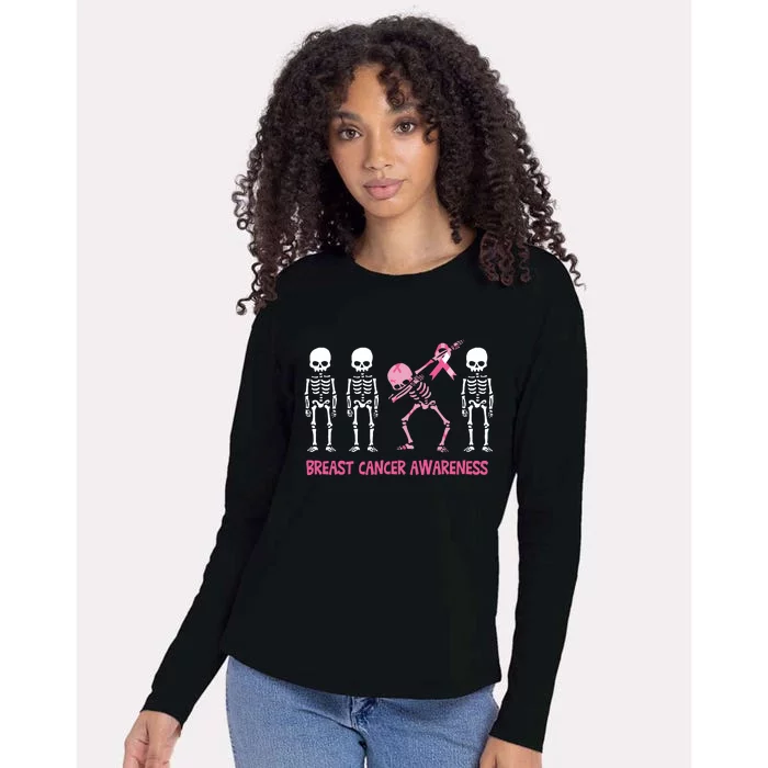 Dabbing Skeleton Pink Ribbon Breast Cancer Halloween Womens Cotton Relaxed Long Sleeve T-Shirt