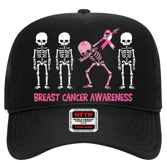 Dabbing Skeleton Pink Ribbon Breast Cancer Halloween High Crown Mesh Trucker Hat