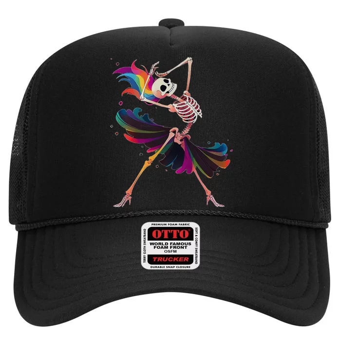 Dancing Skeleton Rainbow Ballerina Halloween High Crown Mesh Trucker Hat