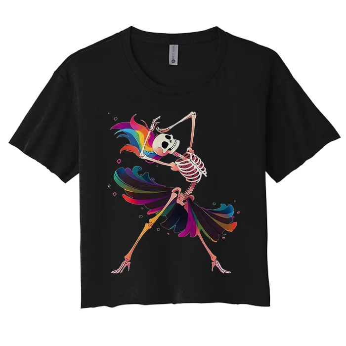 Dancing Skeleton Rainbow Ballerina Halloween Women's Crop Top Tee