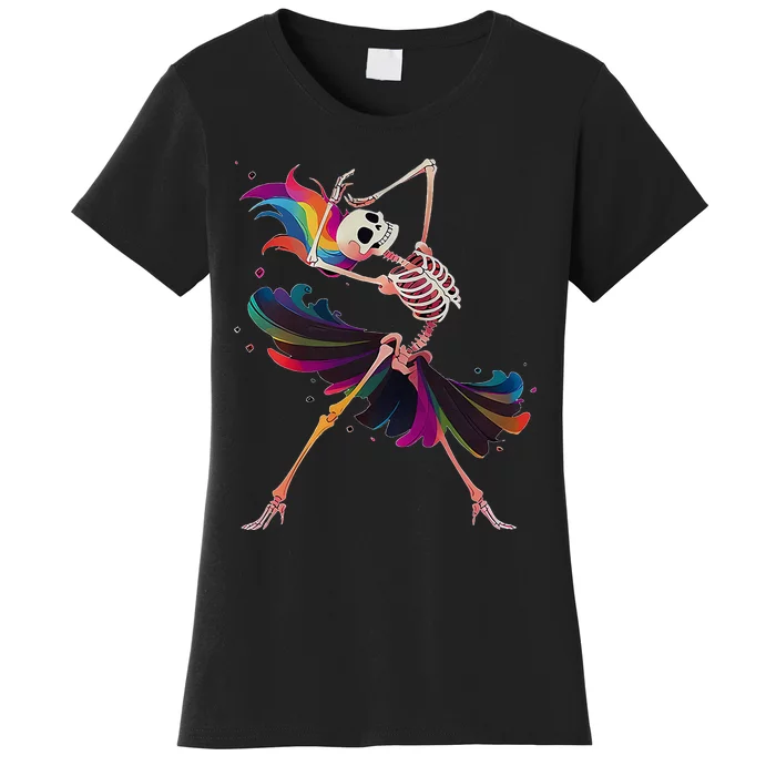 Dancing Skeleton Rainbow Ballerina Halloween Women's T-Shirt