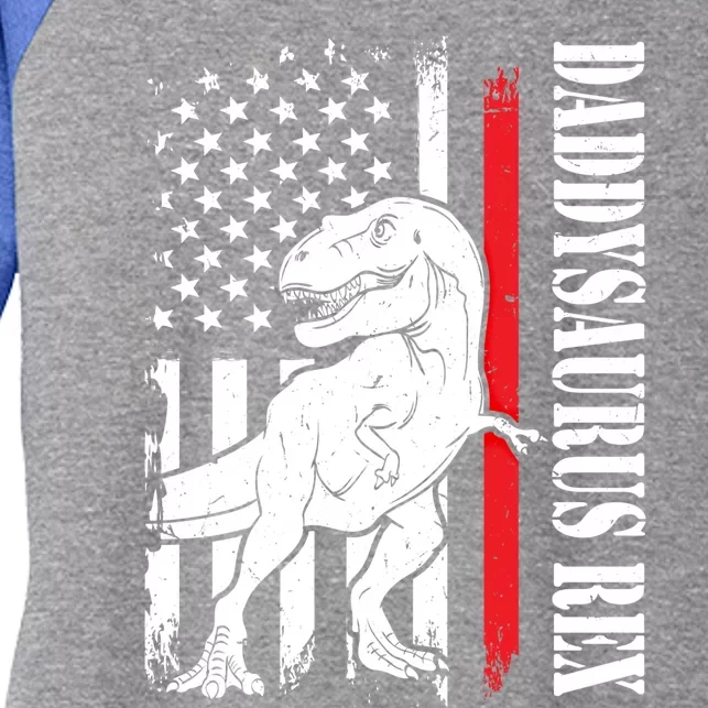 Daddy Saurus Rex Daddysaurus American Flag Fathers Day Gift Women's Tri-Blend 3/4-Sleeve Raglan Shirt