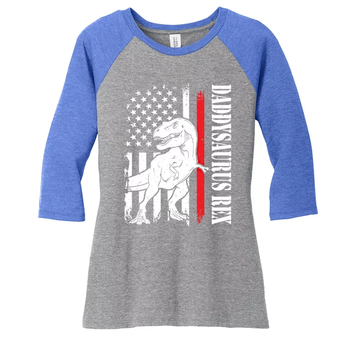 Daddy Saurus Rex Daddysaurus American Flag Fathers Day Gift Women's Tri-Blend 3/4-Sleeve Raglan Shirt