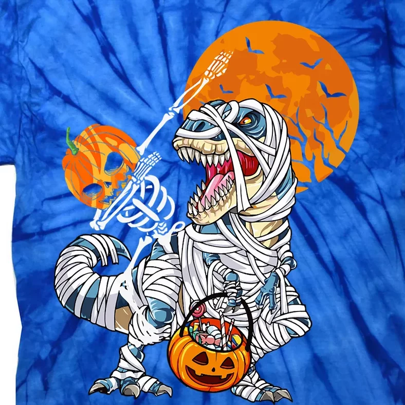 Dabbing Skeleton Riding Mummy Dinosaur T Rex Funny Halloween Funny Gift Tie-Dye T-Shirt