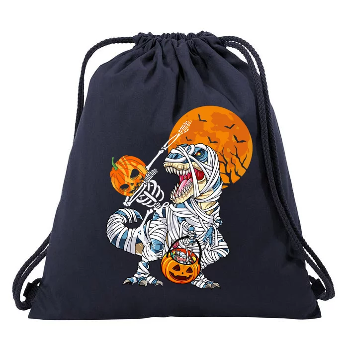 Dabbing Skeleton Riding Mummy Dinosaur T Rex Funny Halloween Funny Gift Drawstring Bag