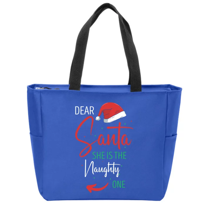 Dear Santa She Is The Naughty One Christmas Couples Present Gift Zip Tote Bag