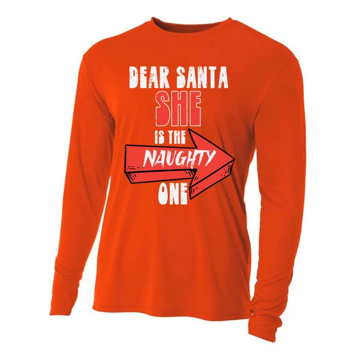 Dear Santa She Is The Naughty One Funny Christmas Couple Gift Cooling Performance Long Sleeve Crew