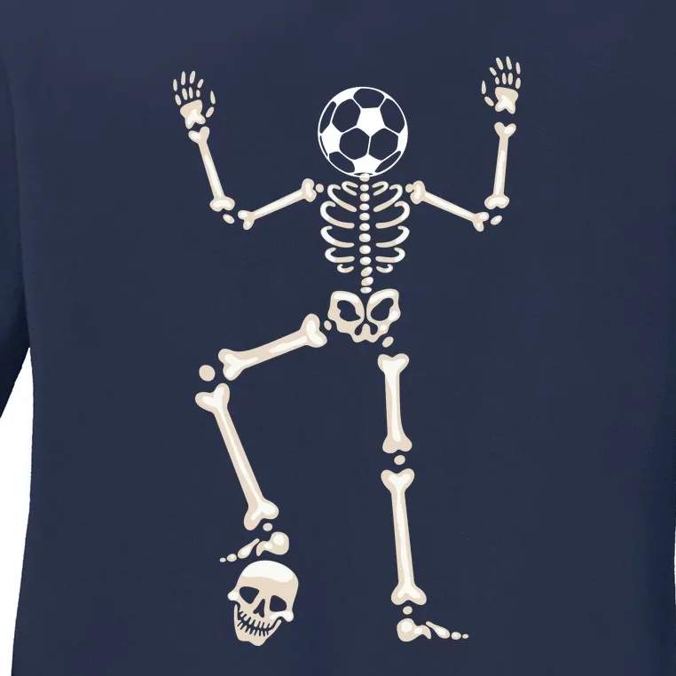 Dabbing Skeleton Soccer Halloween Ladies Long Sleeve Shirt