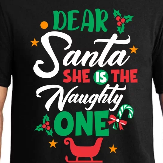 Dear Santa She Is The Naughty One Husband Wife Christmas Gift Pajama Set