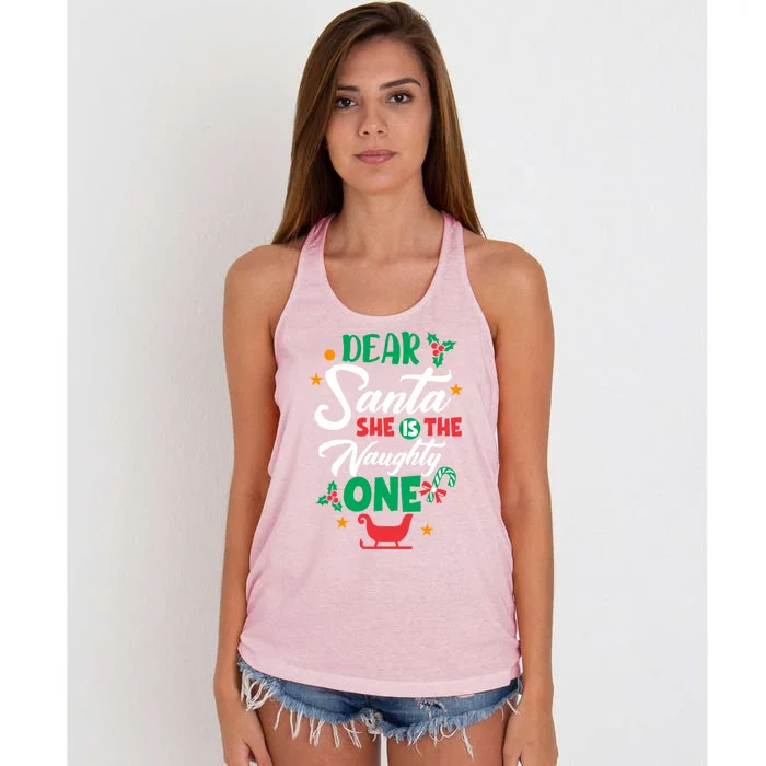 Dear Santa She Is The Naughty One Husband Wife Christmas Gift Women's Knotted Racerback Tank