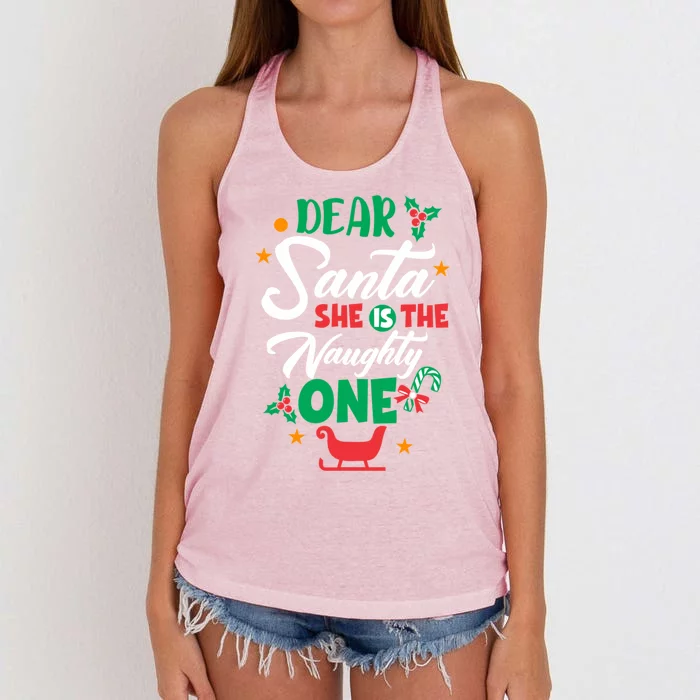 Dear Santa She Is The Naughty One Husband Wife Christmas Gift Women's Knotted Racerback Tank