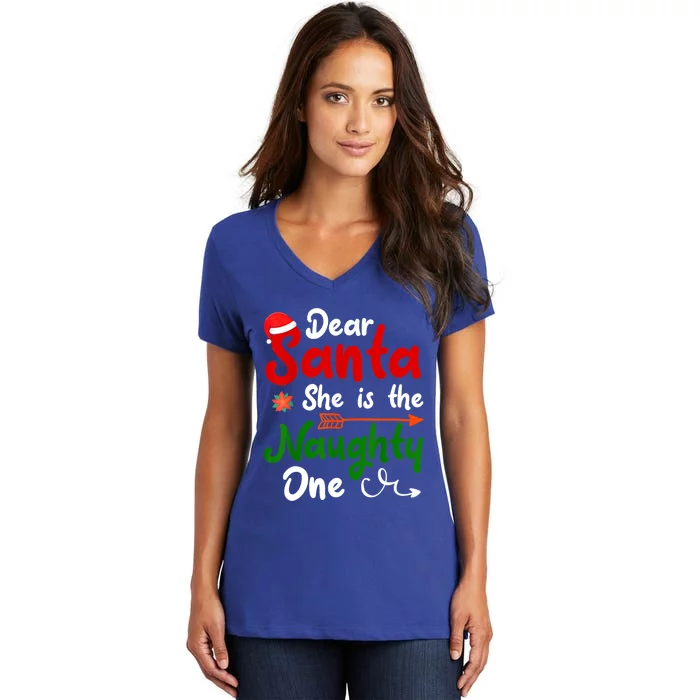 Dear Santa She Is The Naughty One Matching Couples Christmas Gift Women's V-Neck T-Shirt