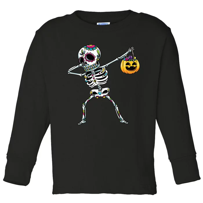 Dabbing Sugar Skull Skeleton With Pumpkin Halloween Toddler Long Sleeve Shirt