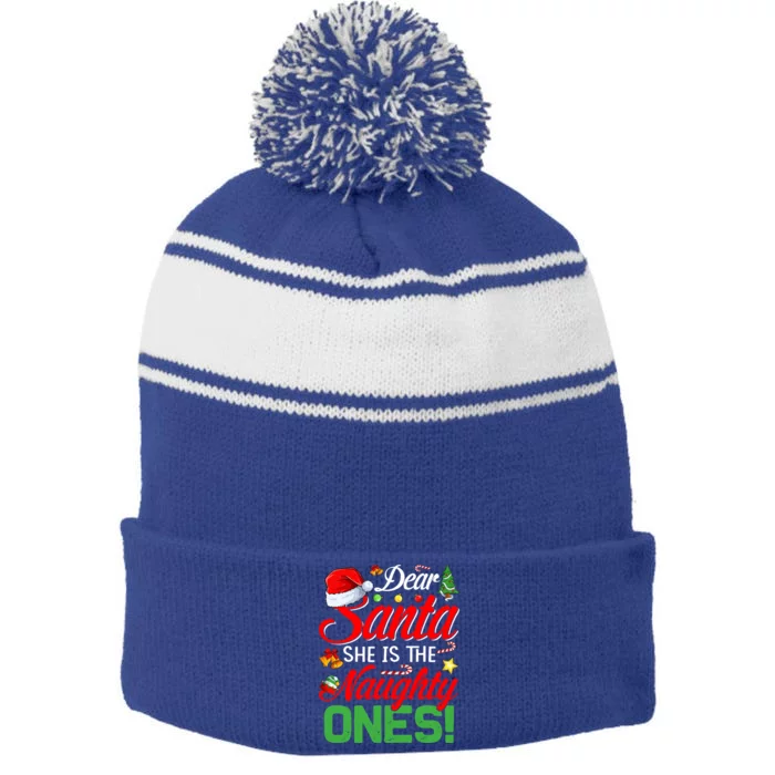 Dear Santa She Is The Naughty One Matching Couples Christmas Cool Gift Stripe Pom Pom Beanie