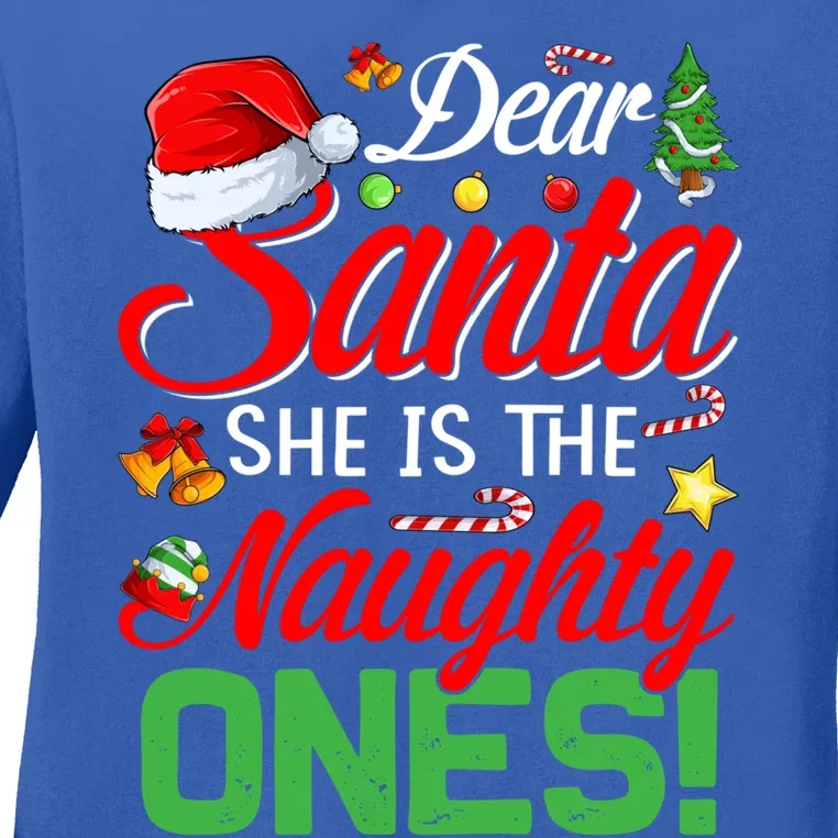 Dear Santa She Is The Naughty One Matching Couples Christmas Cool Gift Ladies Long Sleeve Shirt