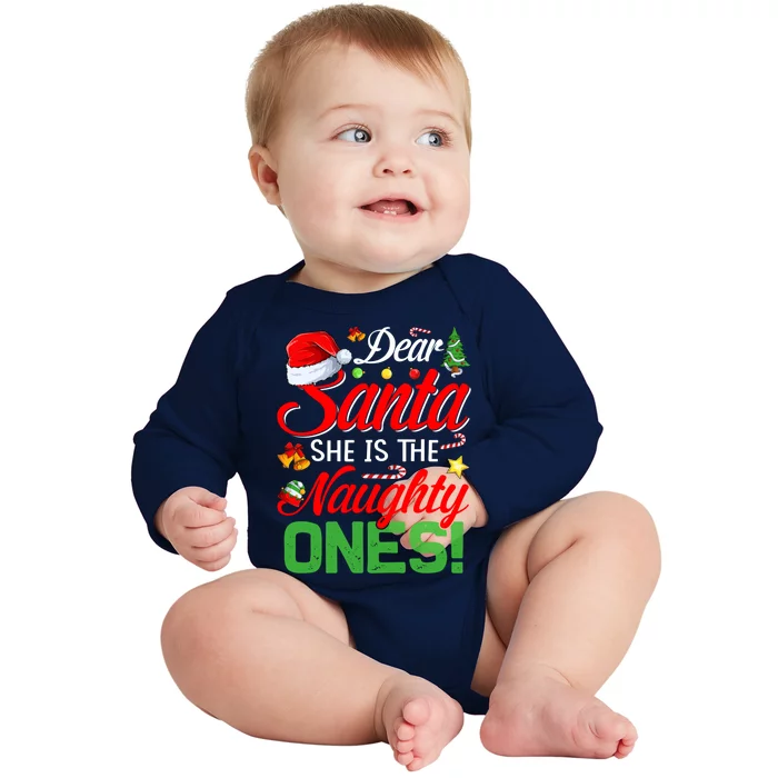 Dear Santa She Is The Naughty One Matching Couples Christmas Cool Gift Baby Long Sleeve Bodysuit