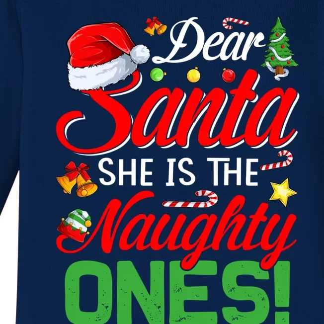 Dear Santa She Is The Naughty One Matching Couples Christmas Cool Gift Baby Long Sleeve Bodysuit