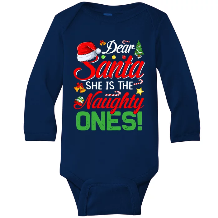 Dear Santa She Is The Naughty One Matching Couples Christmas Cool Gift Baby Long Sleeve Bodysuit