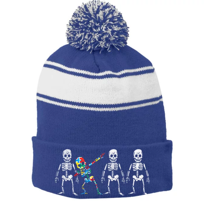 Dabbing Skeleton Stand Out Puzzle Autism Awareness Gift Stripe Pom Pom Beanie