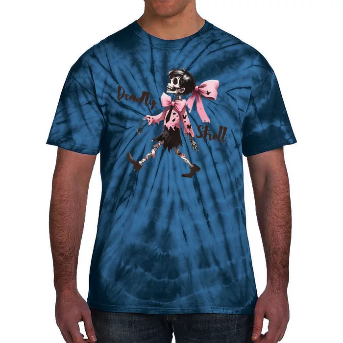 Deadly Stroll Skeleton Walking Spooky Pin.K Bow Halloween Tie-Dye T-Shirt