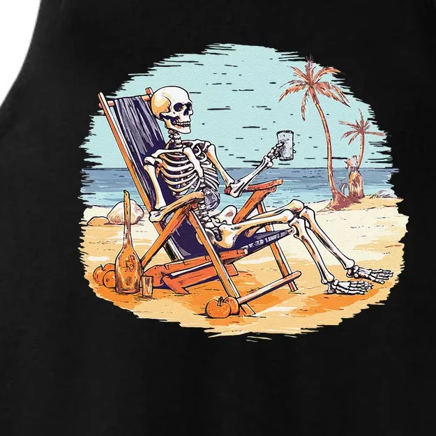 Drinking Skeleton Summer Tropical Beach Vacation Skeleton Ladies Tri-Blend Wicking Tank