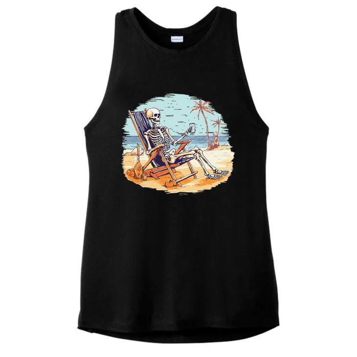 Drinking Skeleton Summer Tropical Beach Vacation Skeleton Ladies Tri-Blend Wicking Tank