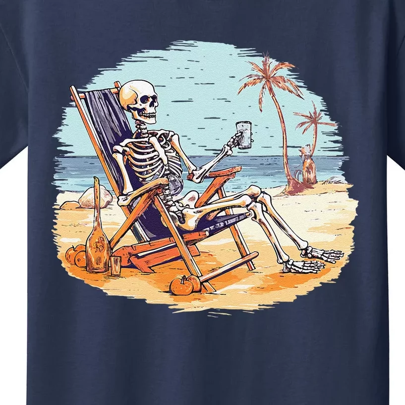 Drinking Skeleton Summer Tropical Beach Vacation Skeleton Kids T-Shirt