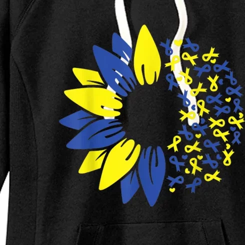 Down Syndrome Sunflower Tee Gifts Yellow Blue Ribbon Women's Fleece Hoodie