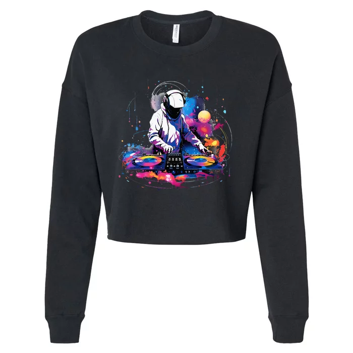 Dj Space Turntable Disc Jockey Astronaut Mixer Cropped Pullover Crew