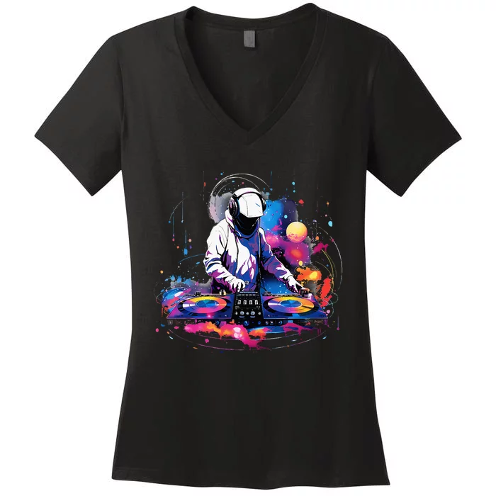 Dj Space Turntable Disc Jockey Astronaut Mixer Women's V-Neck T-Shirt